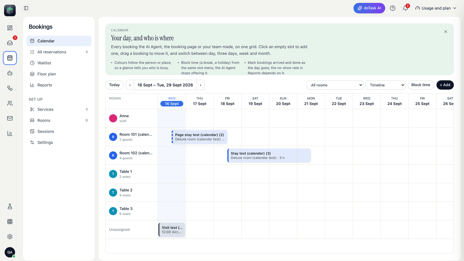 The bookings calendar
