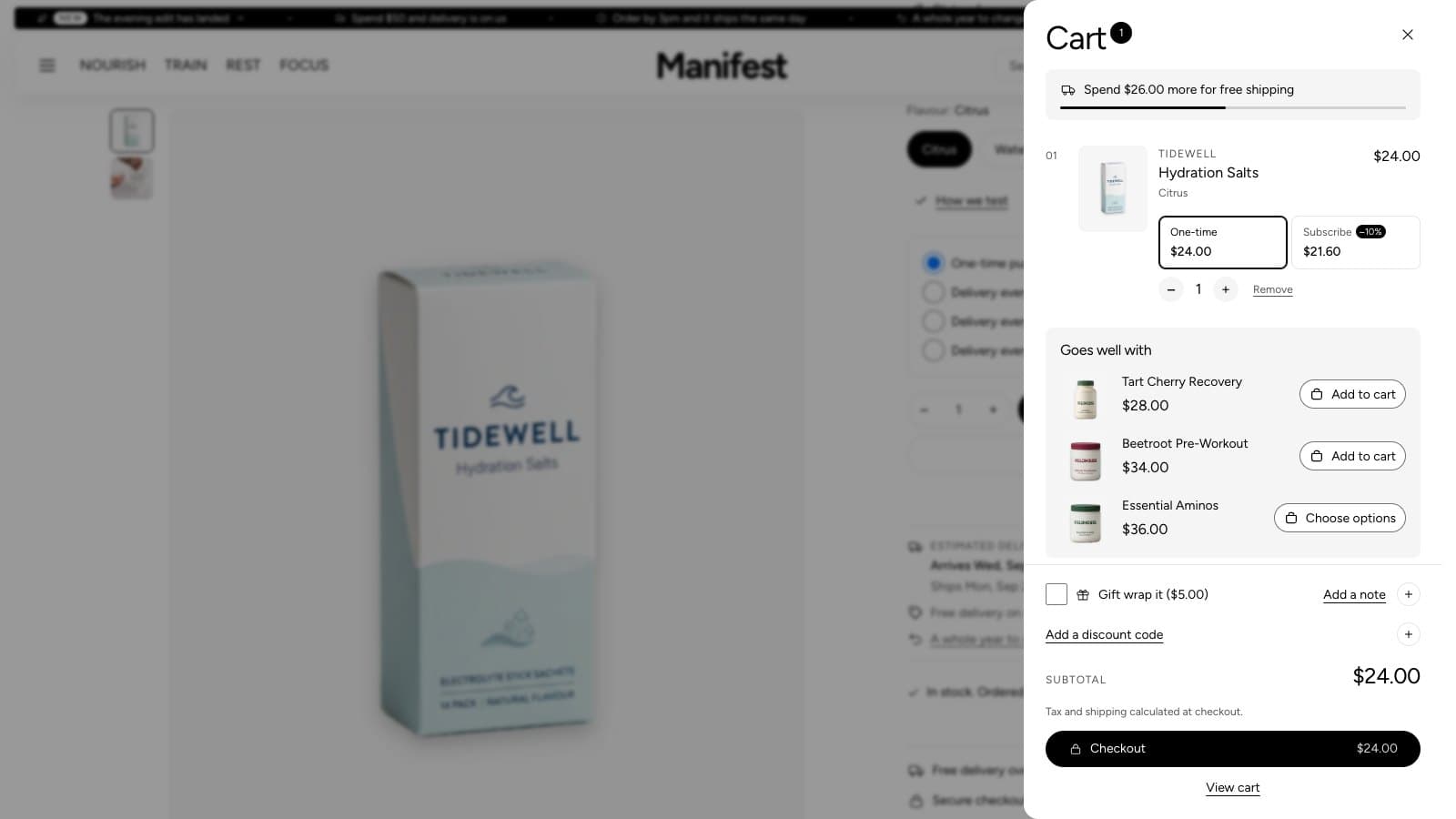 The cart drawer with the free shipping bar, products that go well with it and gift wrap