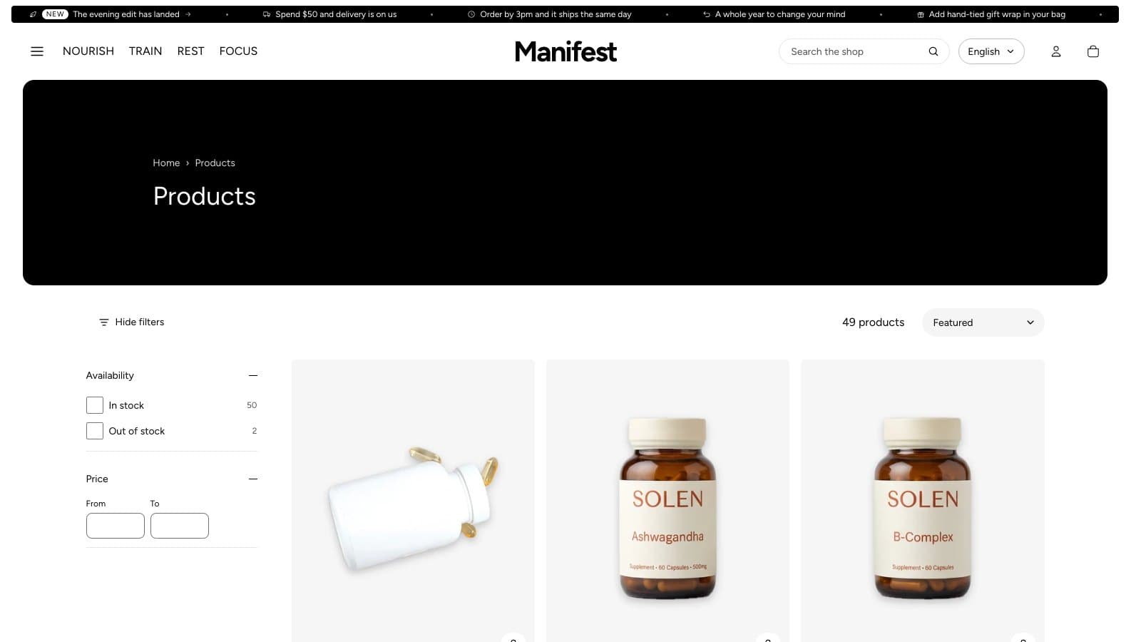 A collection page with the filters open