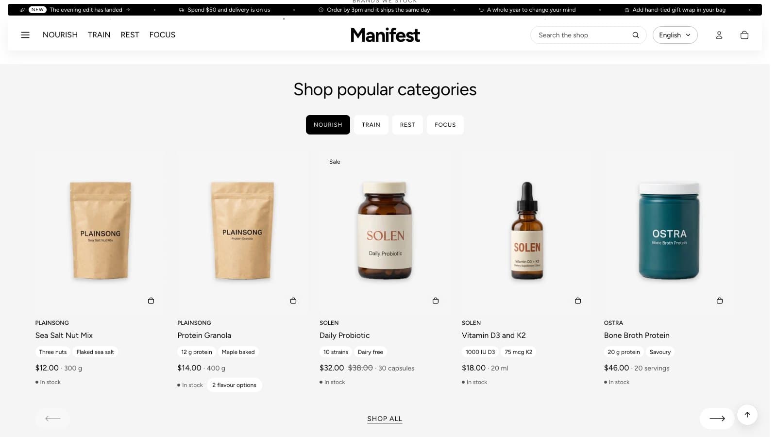 Range tabs: a collection's products under its tabs, with arrows to scroll
