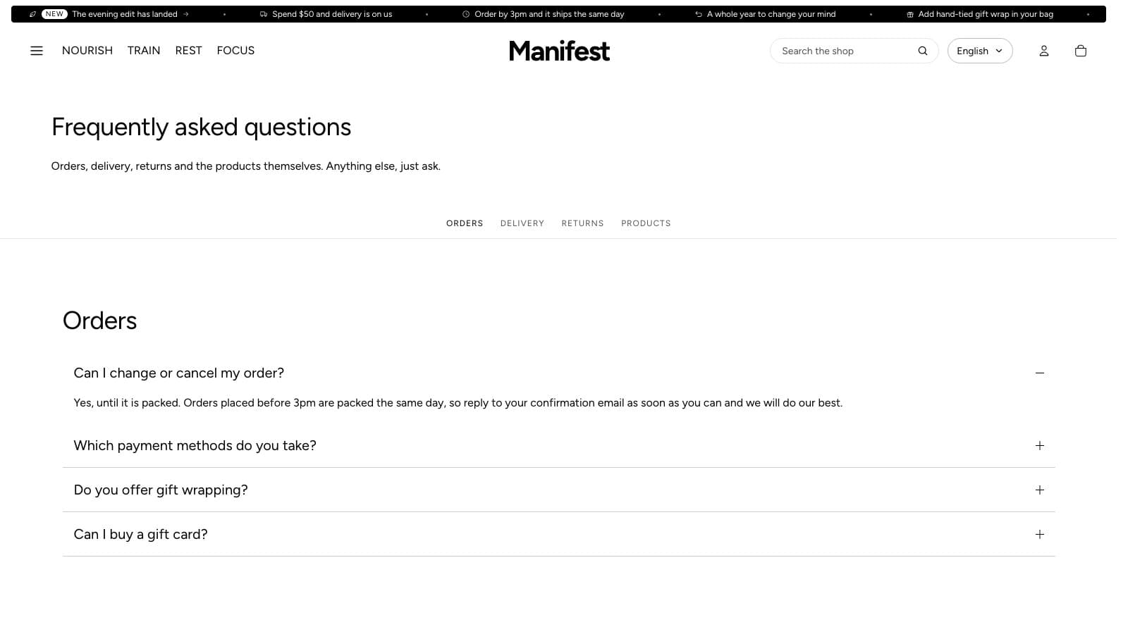 The FAQ page with topic links and the first answer open