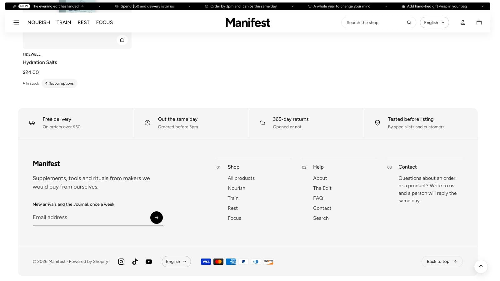 The footer with service promises, the logo, menus and newsletter sign-up