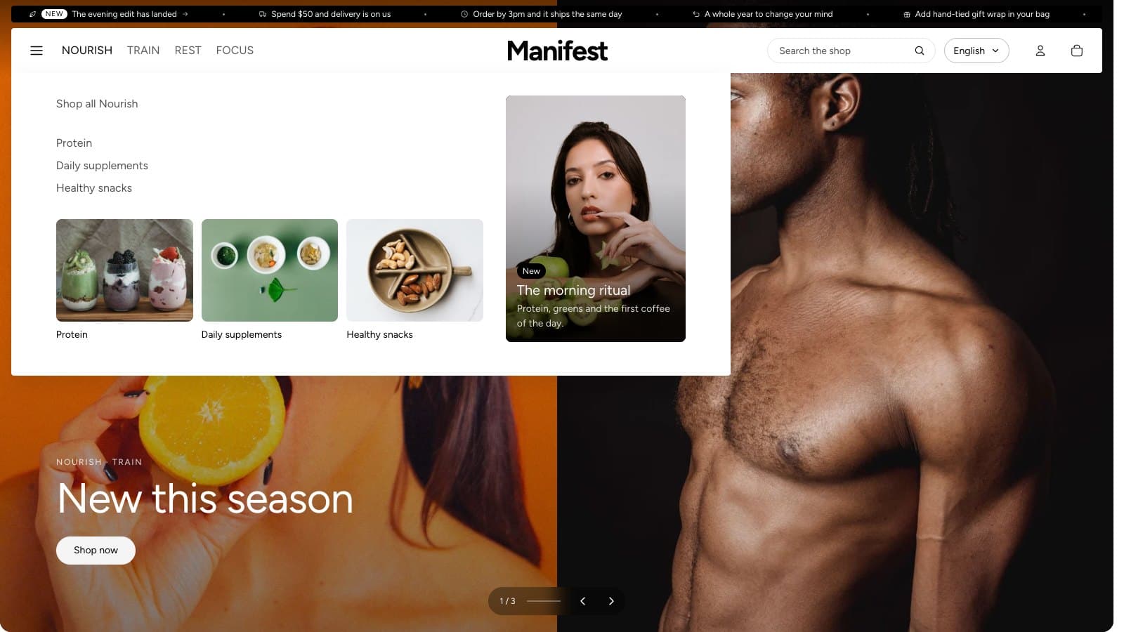 The header with a dropdown open, showing collection cards and a menu promo