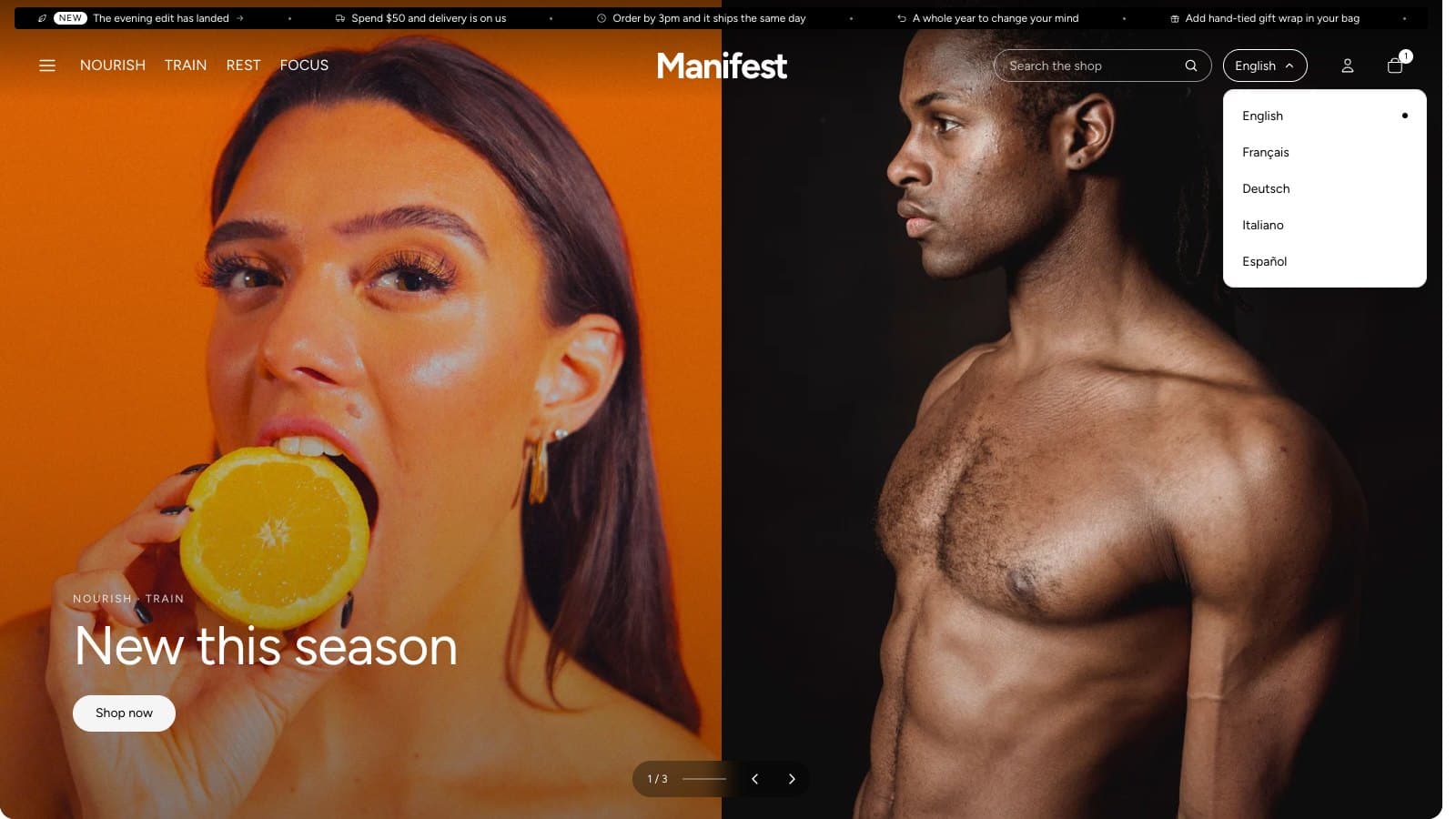 The language picker open in the header