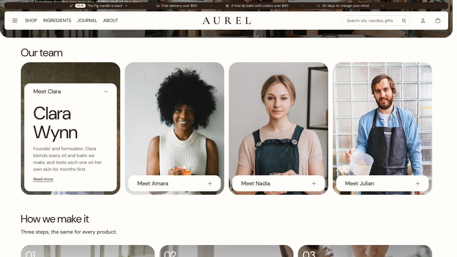 People cards on Aurel's About page, with the founder's panel open
