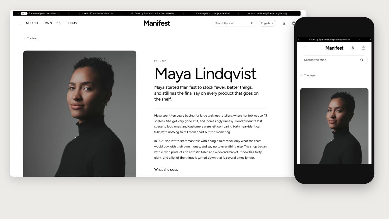 A team member's profile page on a computer and a phone