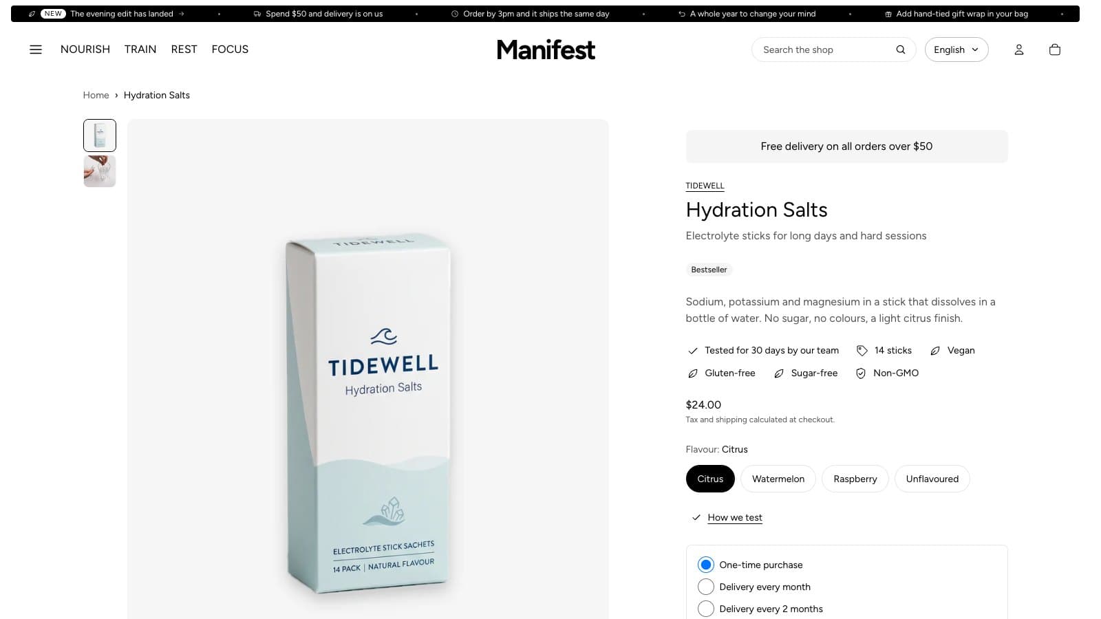 A product page in Manifest's default settings: gallery, facts, options and subscribe-and-save