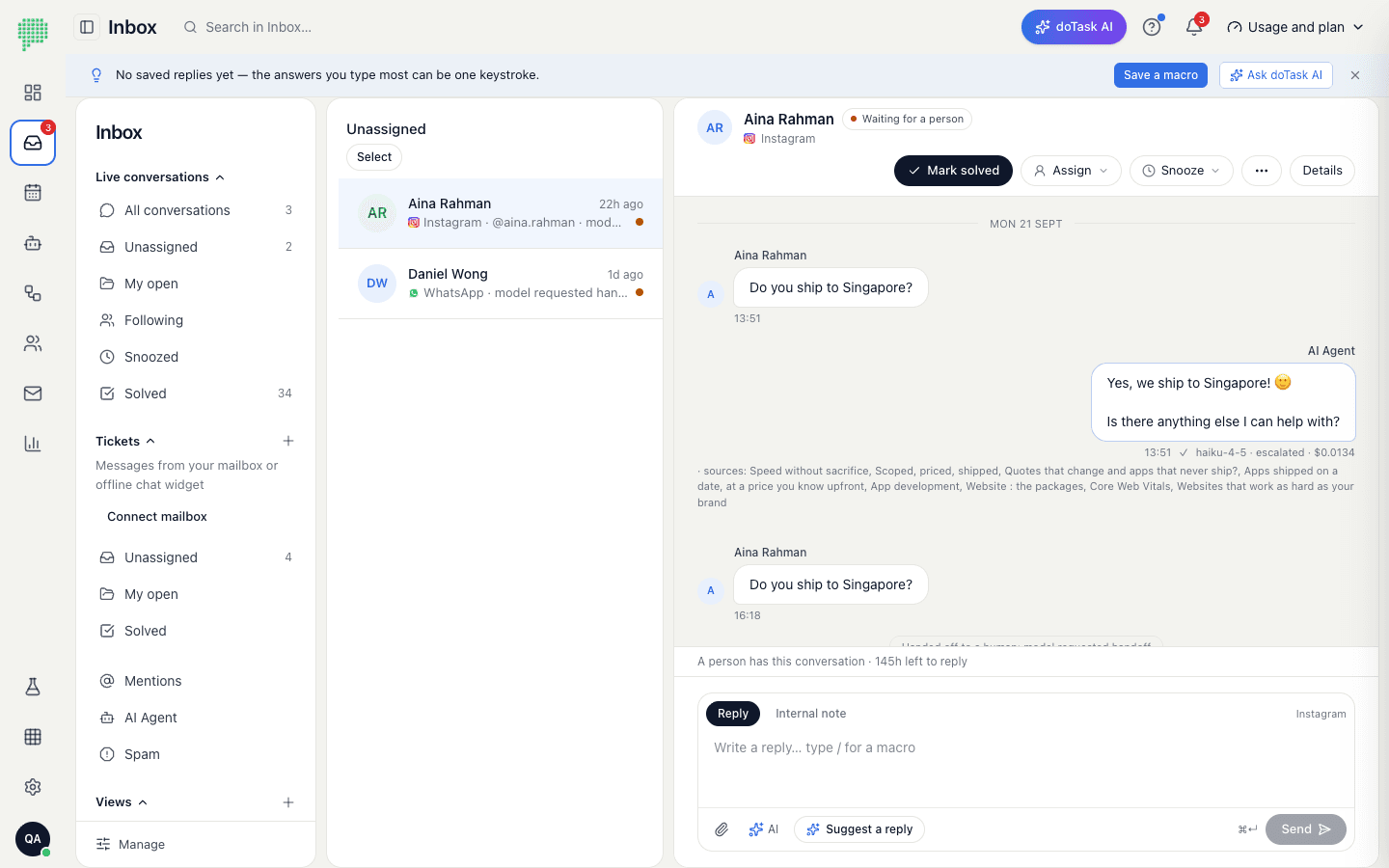 The doTask inbox: a WhatsApp conversation open beside the list, the AI Agent's reply and the team's in one thread