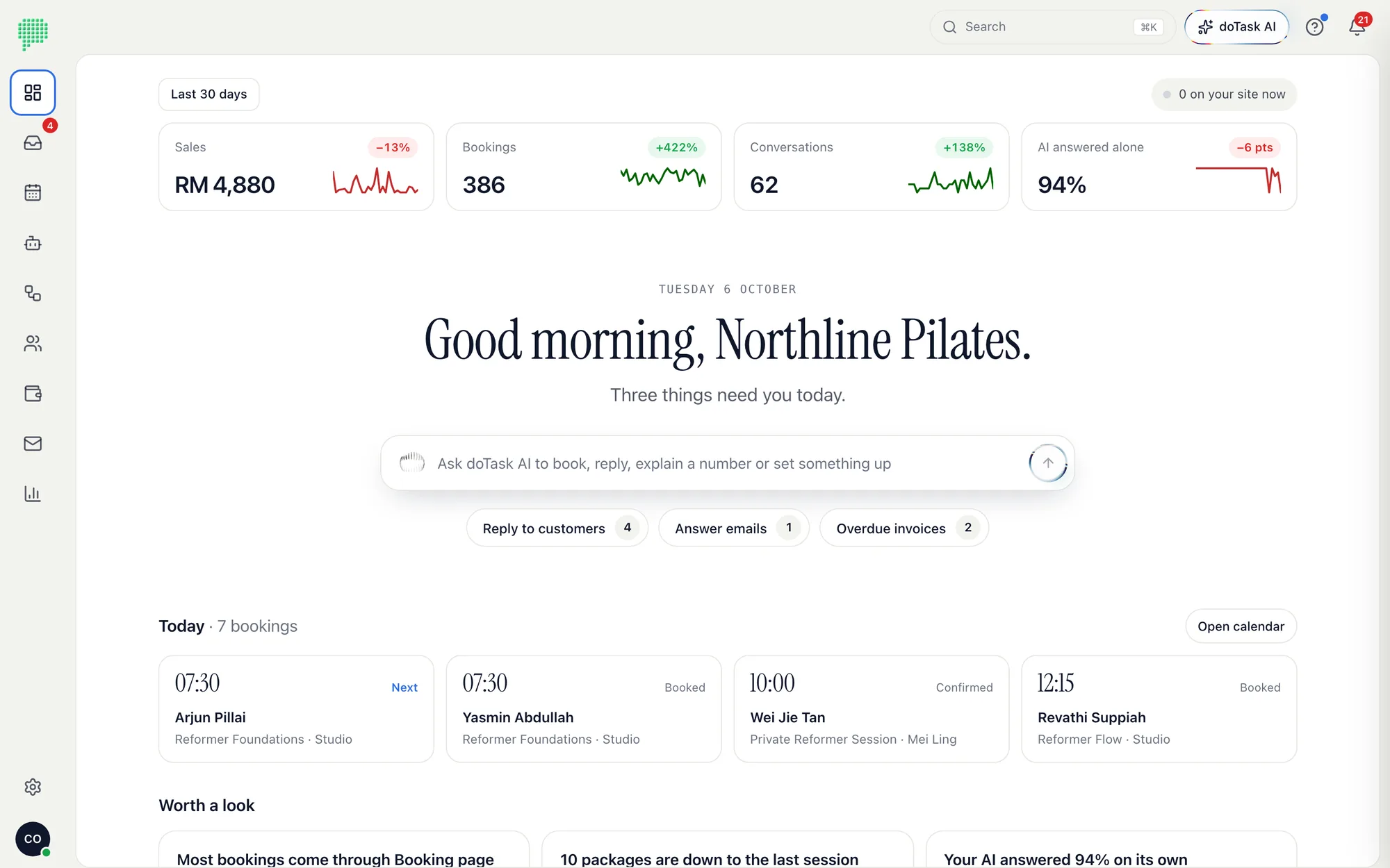 doTask Home: today's bookings, sales, conversations and what needs you, for a sample Pilates studio