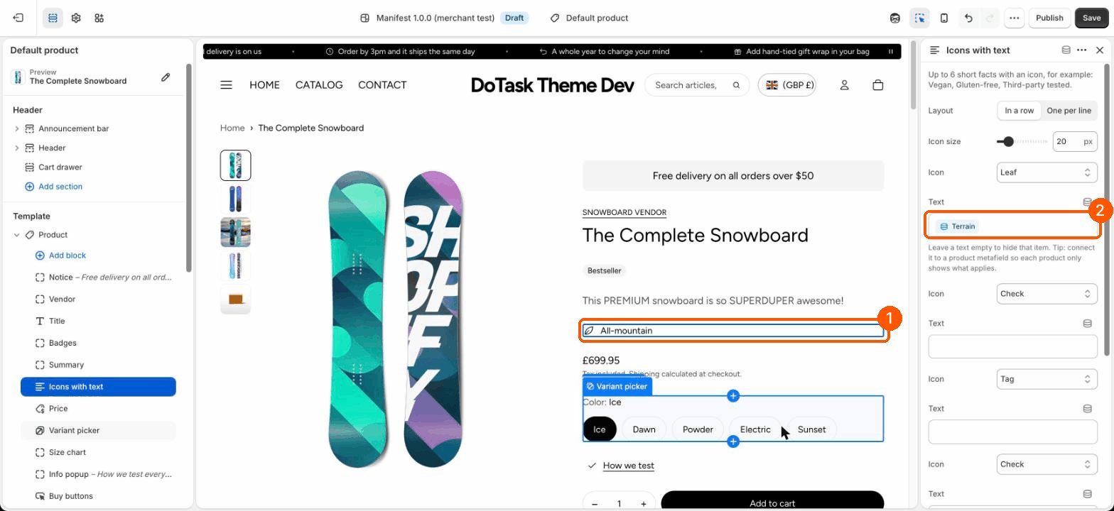 The product page showing All-mountain from the metafield, and the setting showing it is connected to Terrain