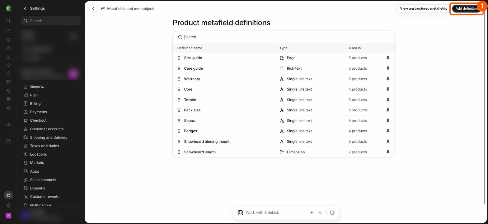 The list of product metafield definitions with the Add definition button highlighted