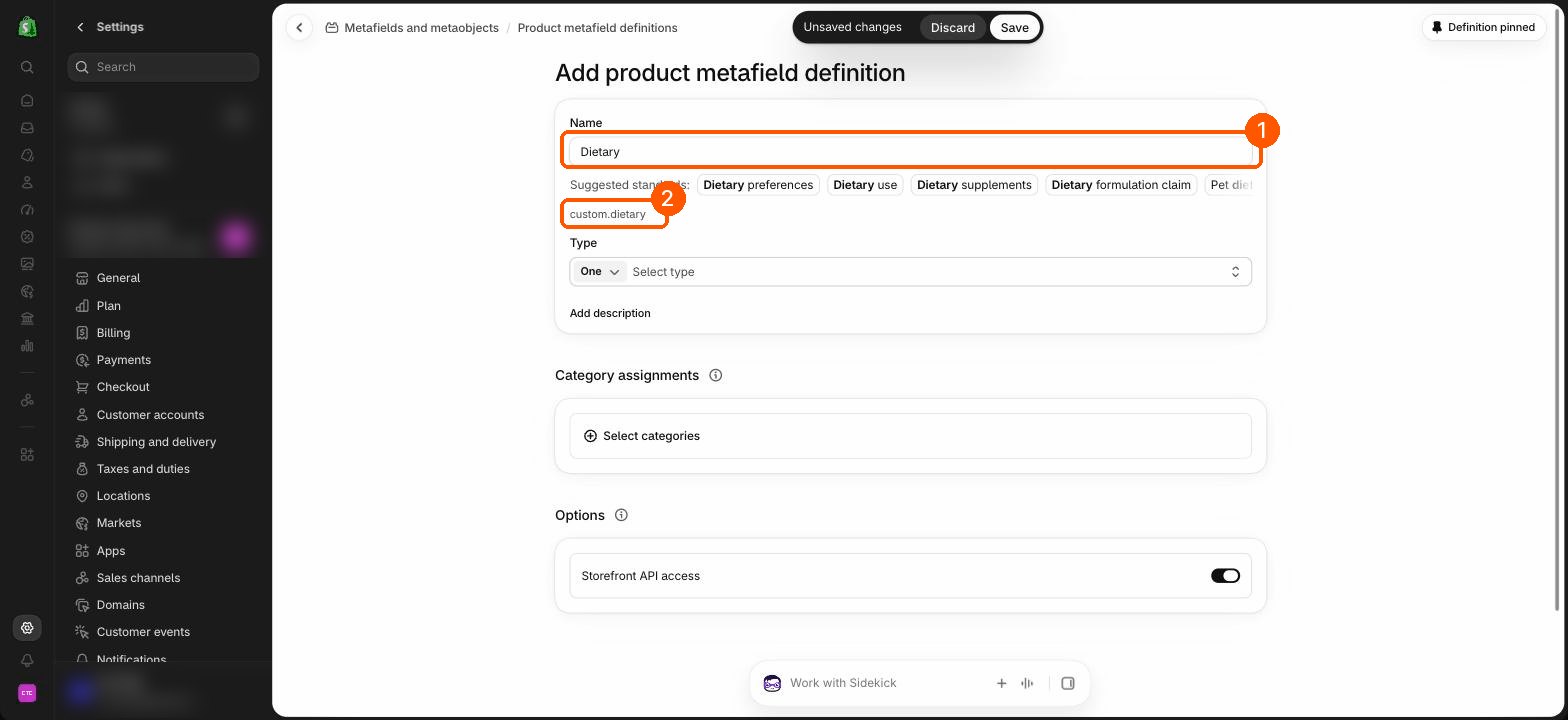 Adding a product metafield named Dietary, with its key custom.dietary highlighted