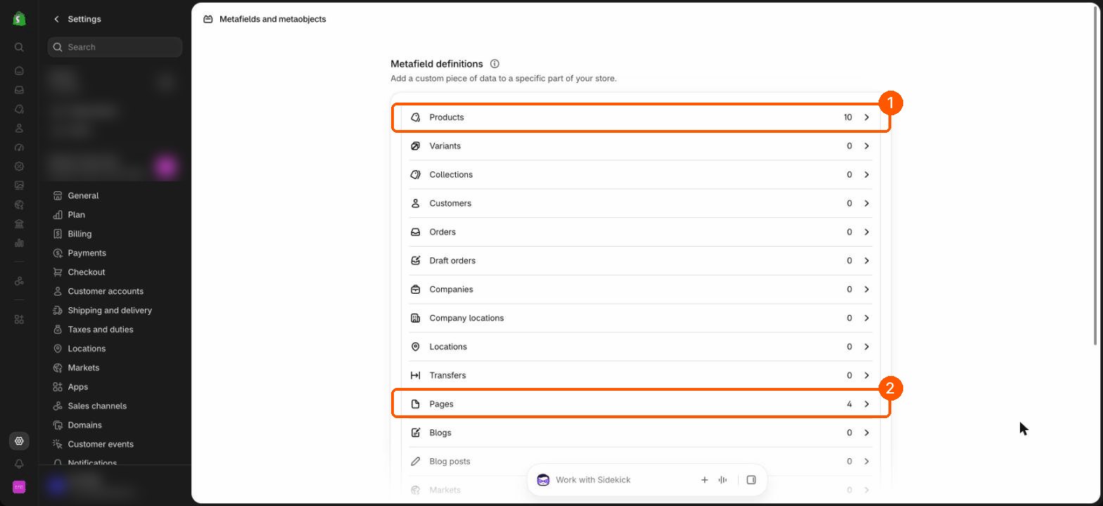 Settings, Metafields and metaobjects, with Products and Pages highlighted