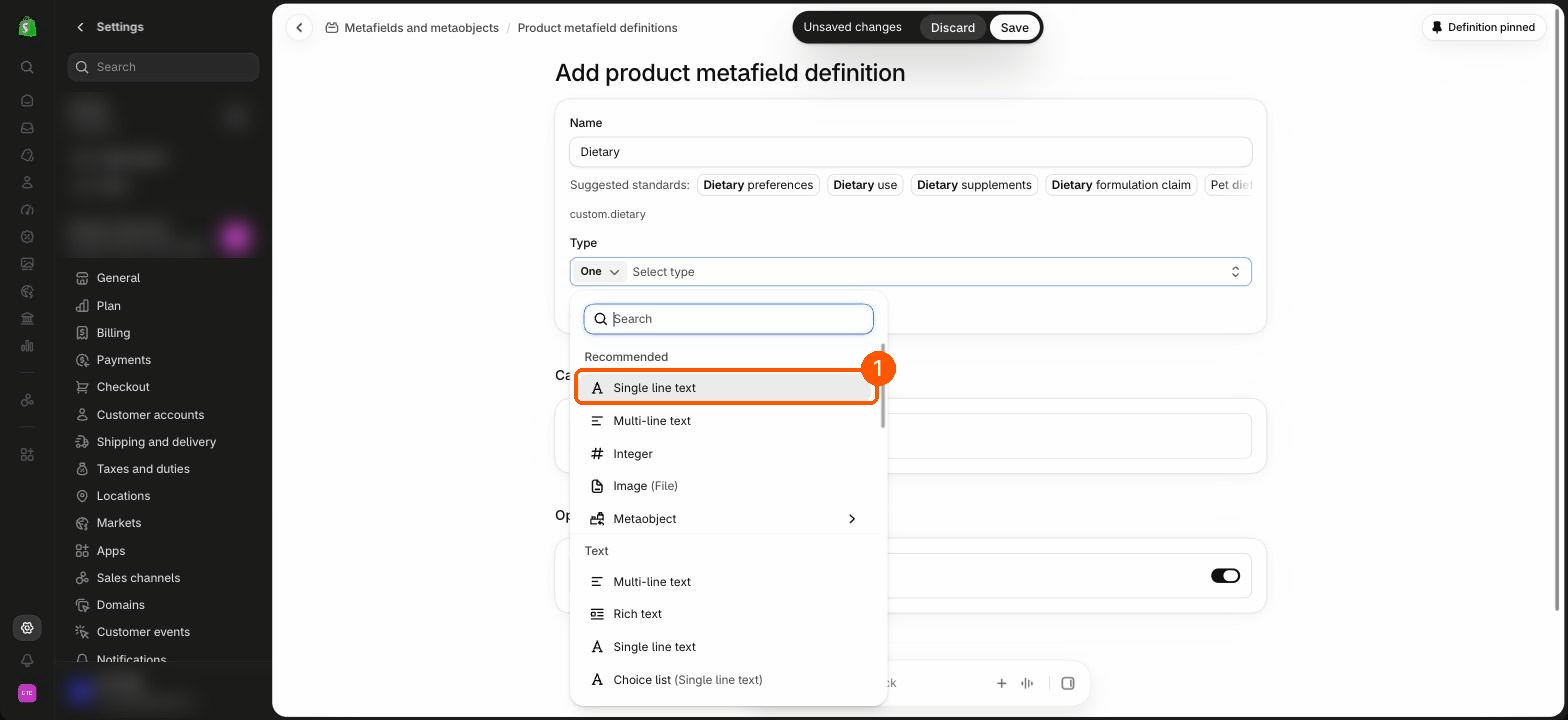 The type list open with Single line text highlighted