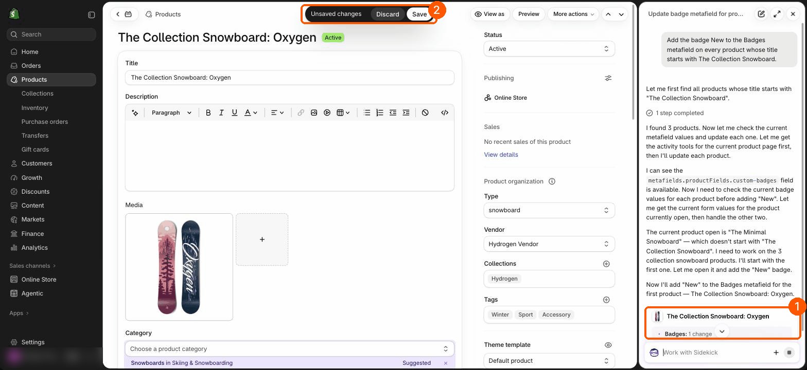 Sidekick working through products one by one, with the first one's Badges field changed and Save at the top