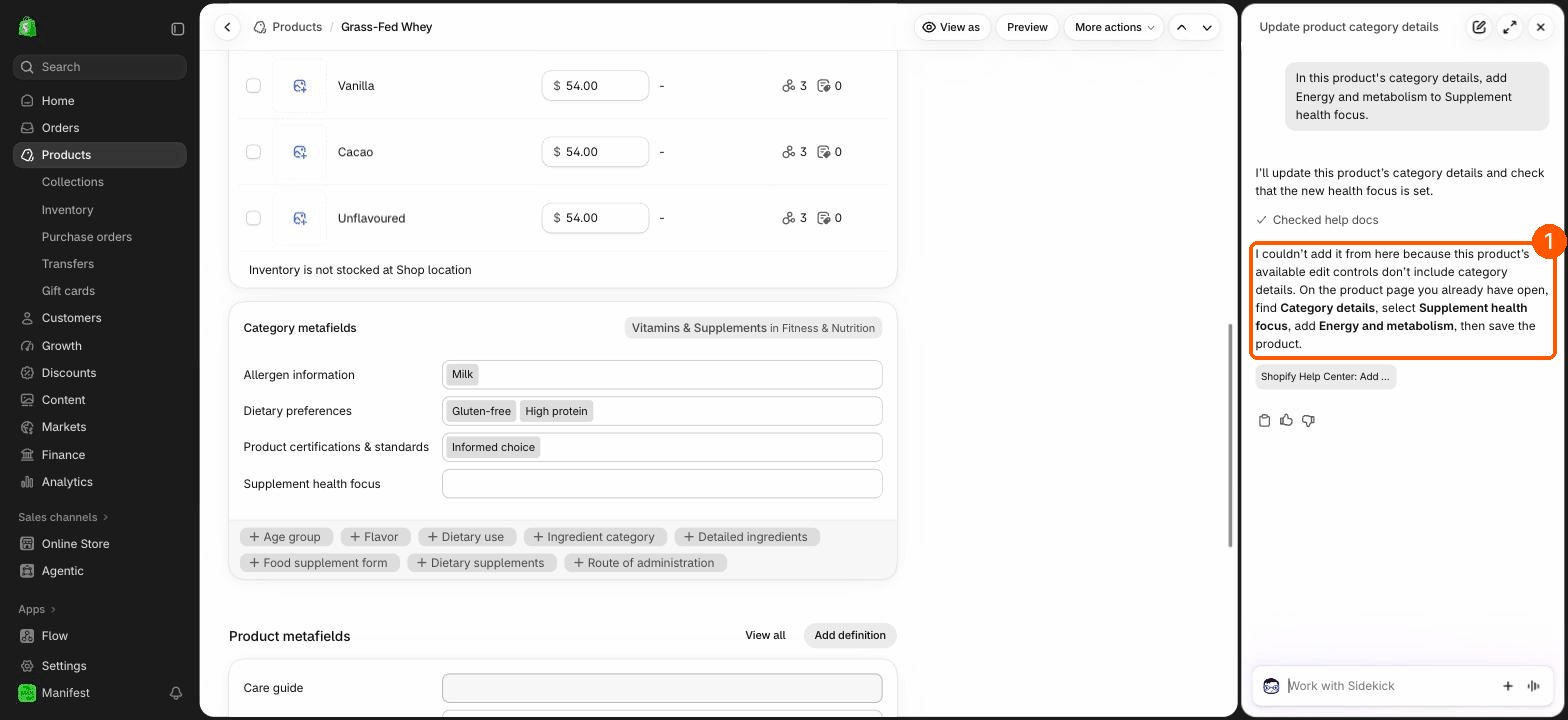 Sidekick replying that it can't add category details from here, with the steps to do it