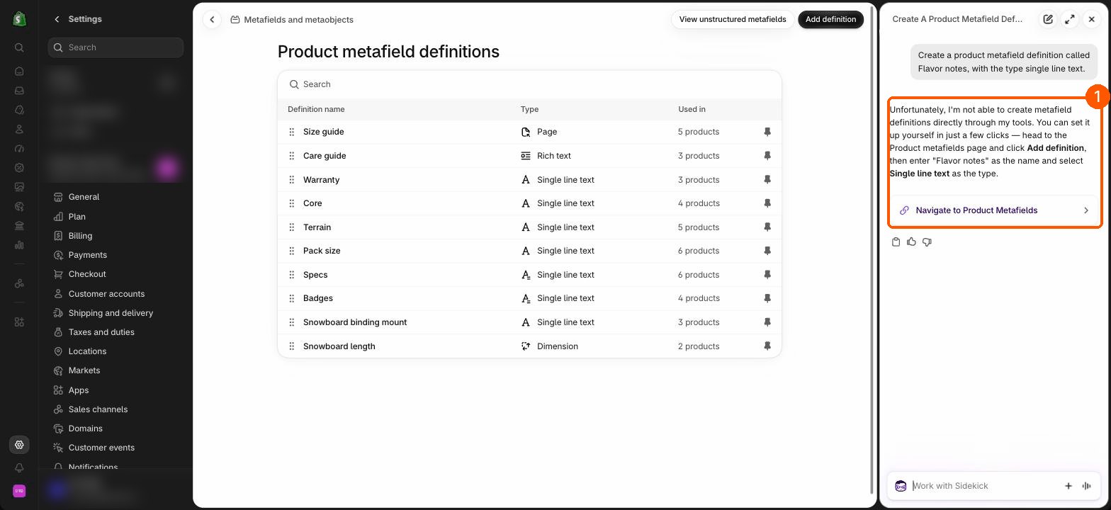 Sidekick replying that it can't create metafield definitions directly, with steps and a Navigate to Product Metafields link