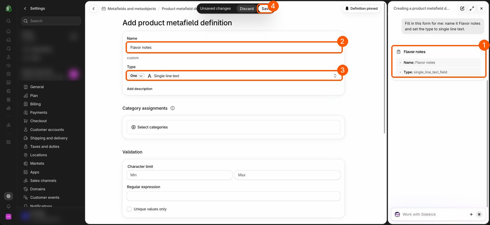 The Add product metafield definition form filled in by Sidekick with the name Flavor notes and the type Single line text
