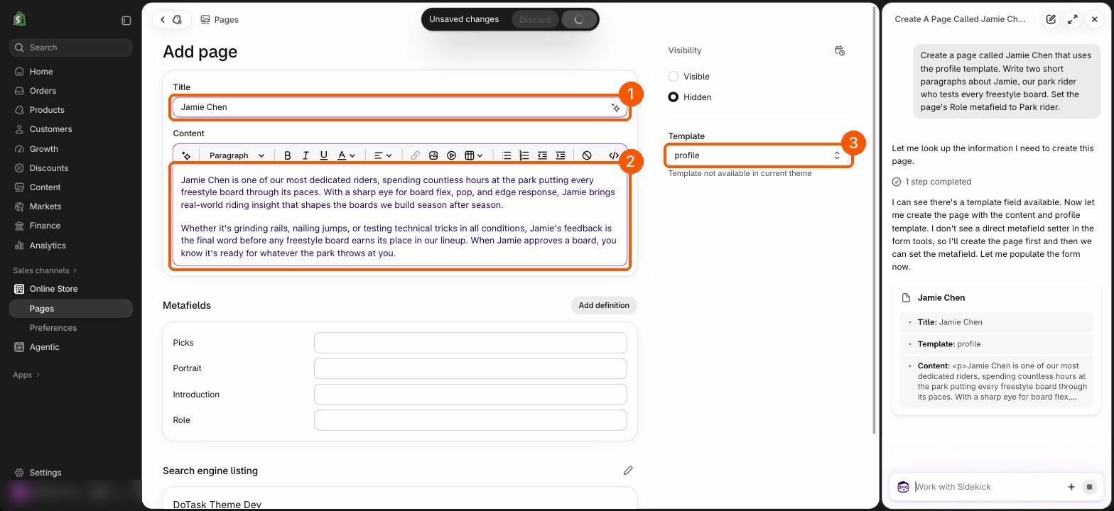 A new page filled in by Sidekick with the title Jamie Chen, two paragraphs of text and the profile template