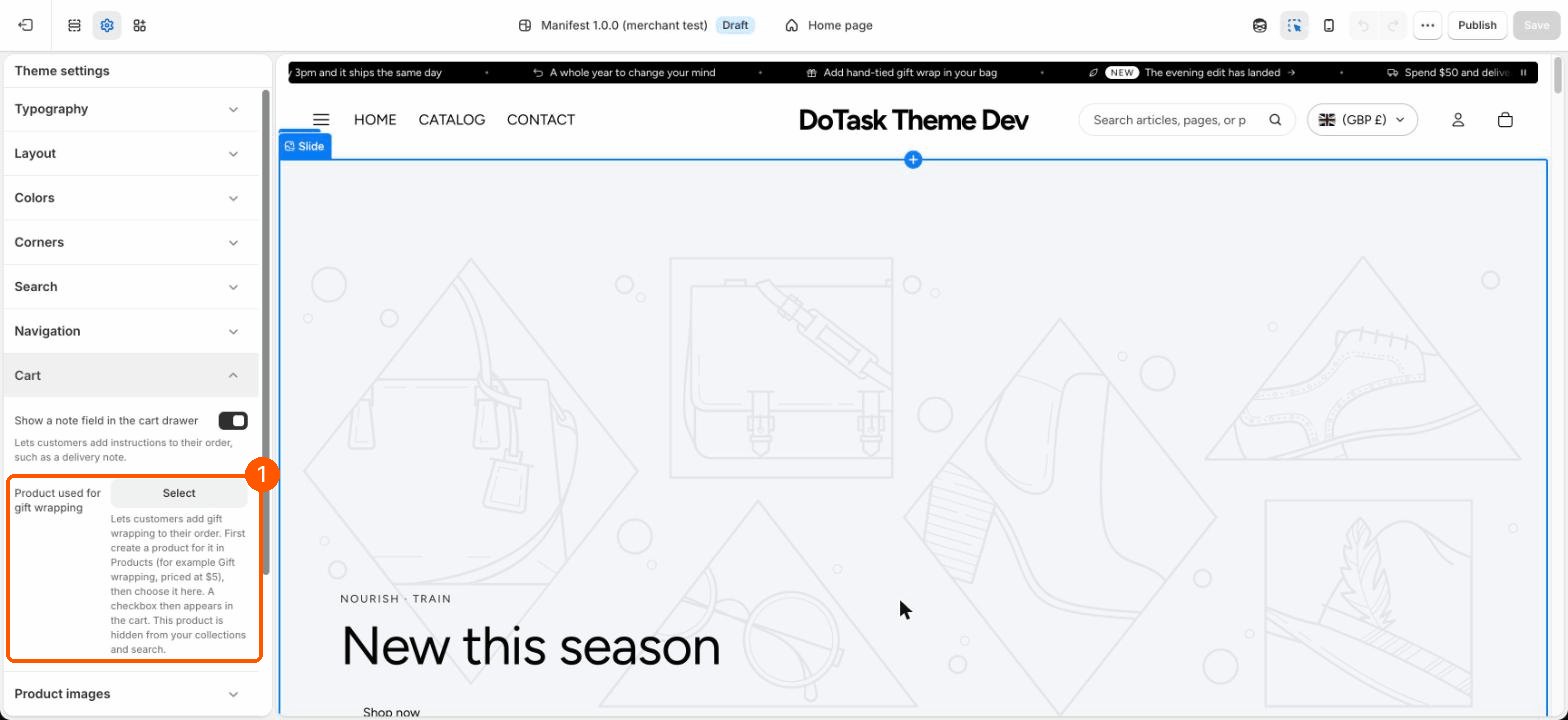 Theme settings, Cart, with Product used for gift wrapping highlighted