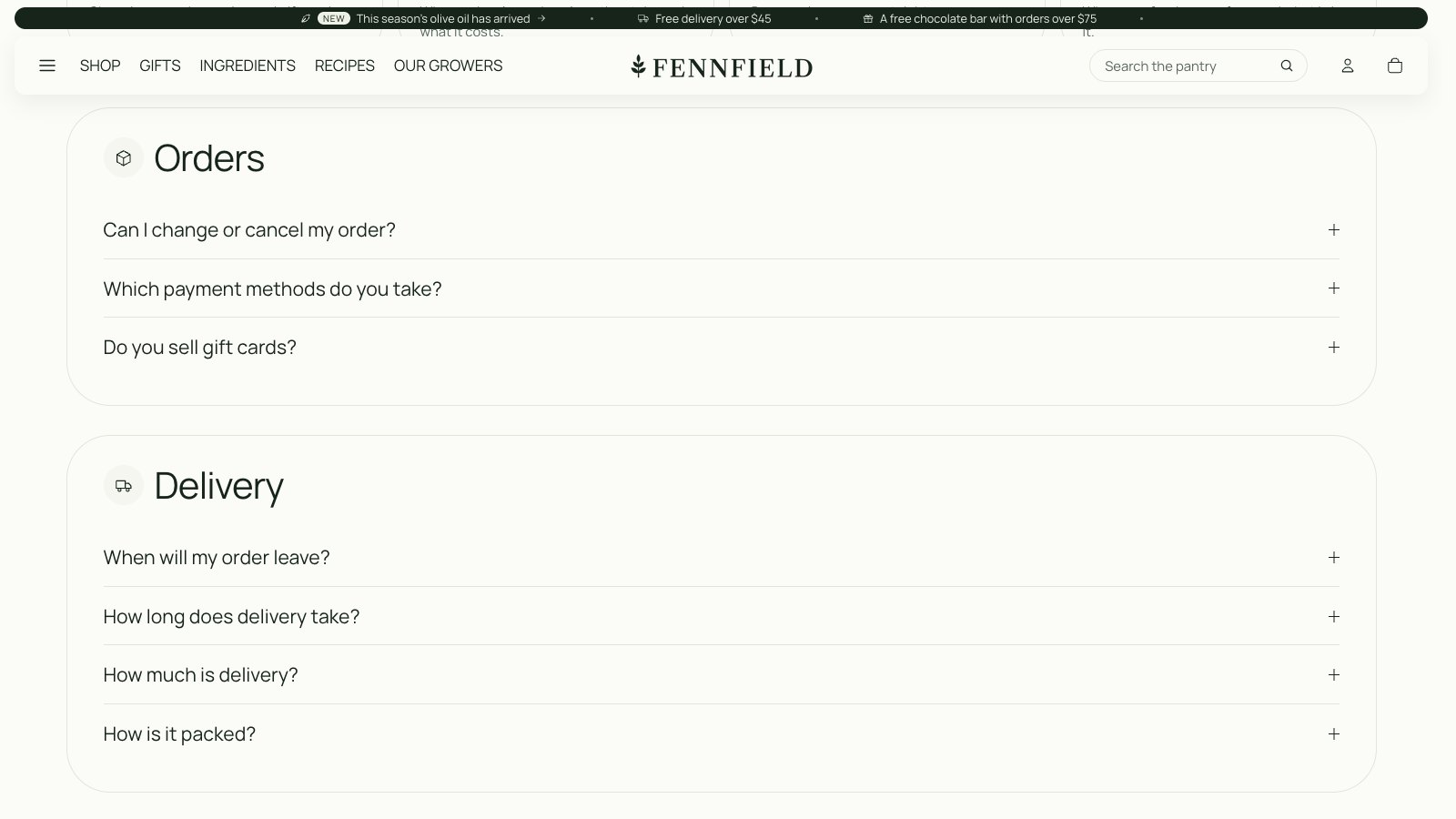FAQ sections in the Box layout on Fennfield's help page, each with an icon beside its heading