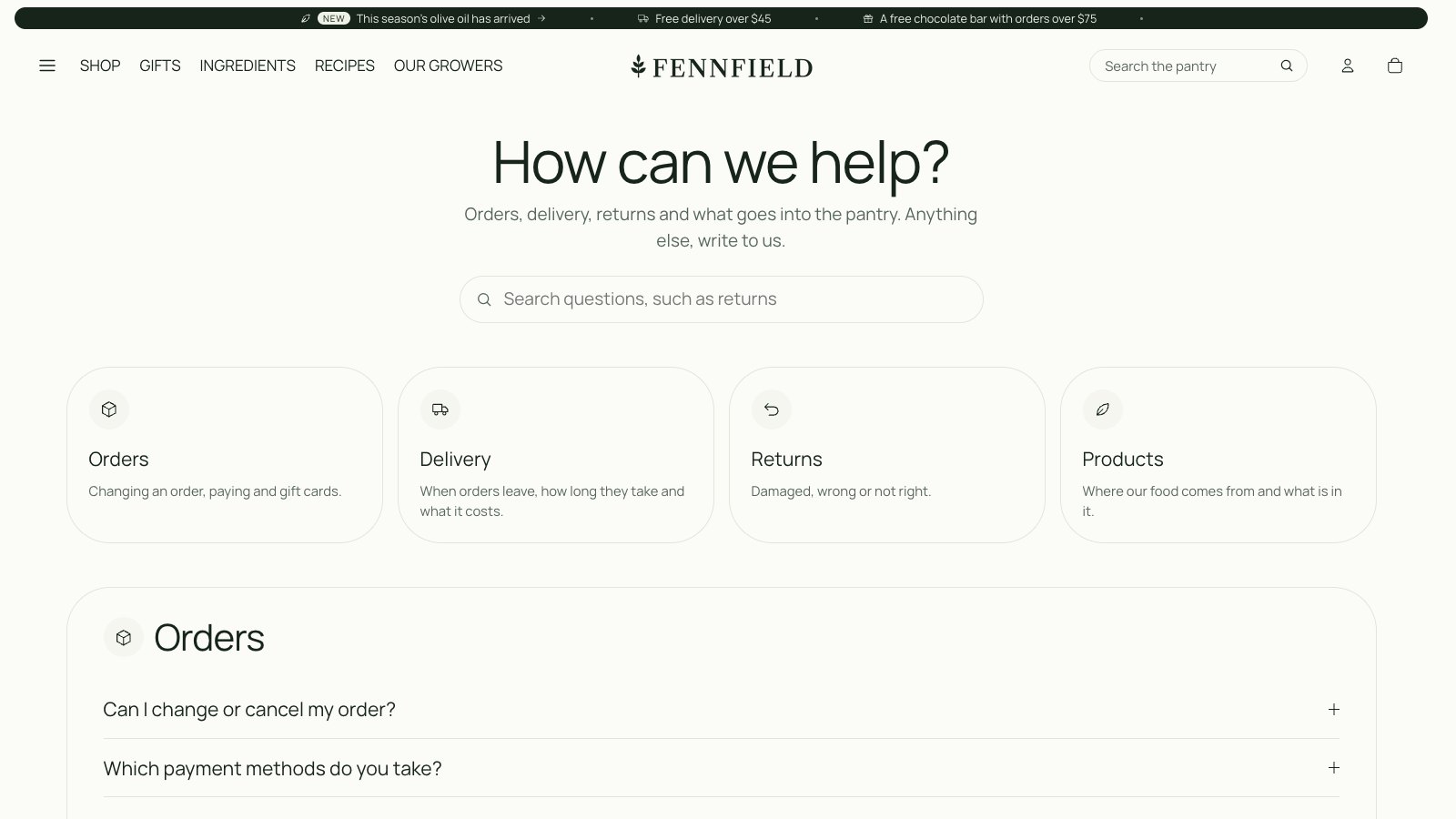 The Help center section: a heading, a search box and four topic cards with icons