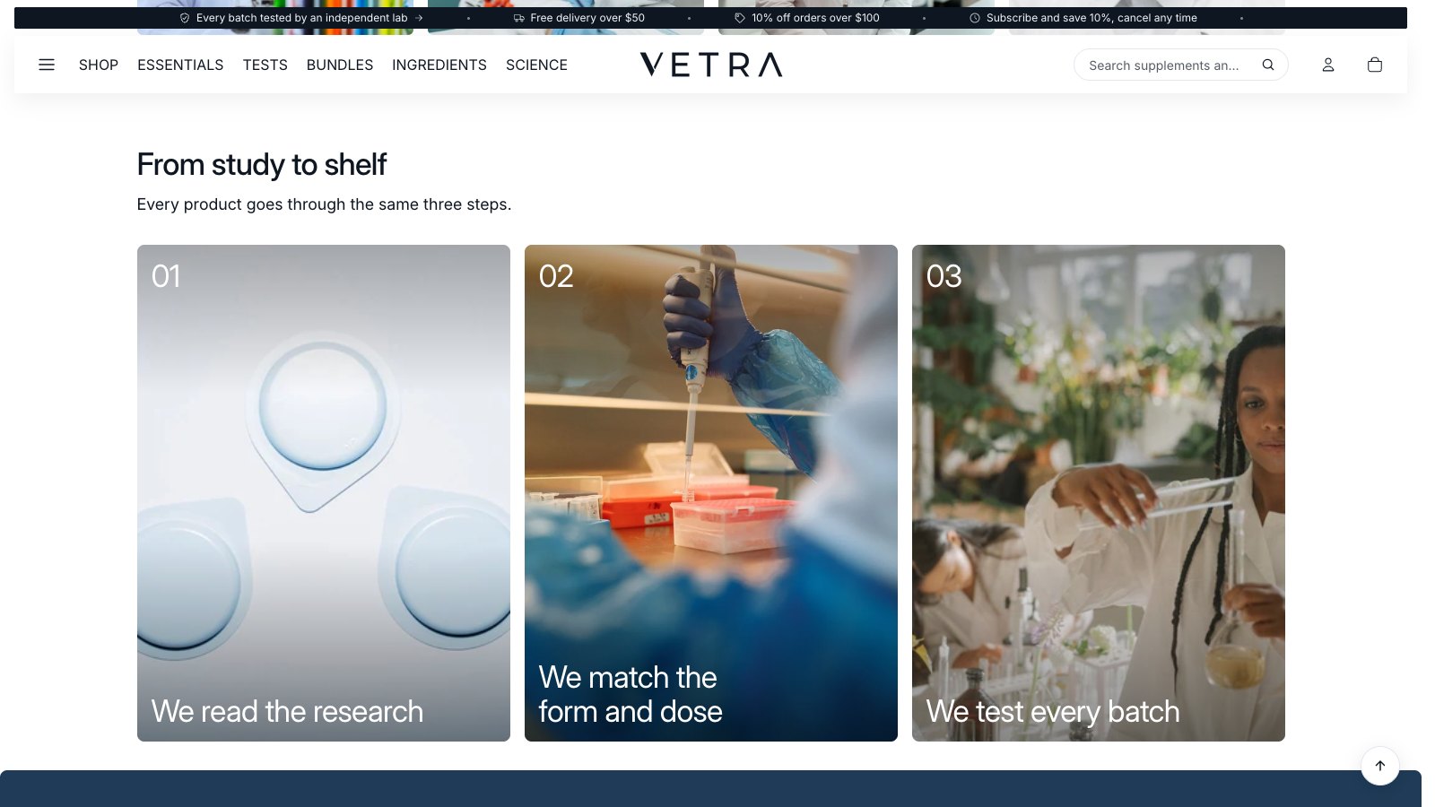 Image steps on Vetra's About page: three numbered photographs, from study to shelf