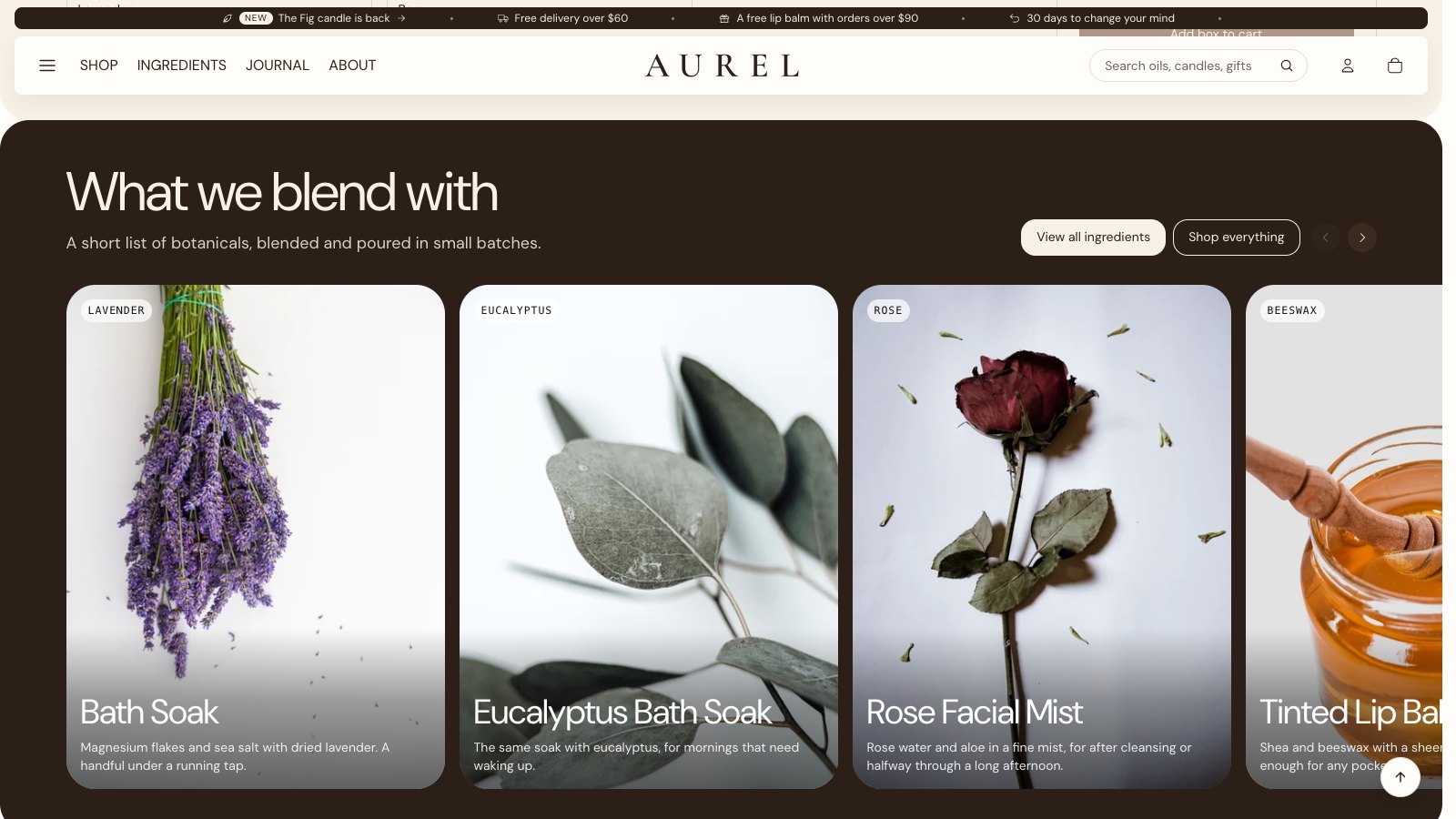 The Ingredients section on Aurel's home page: tall cards in a row that scrolls sideways, with two buttons