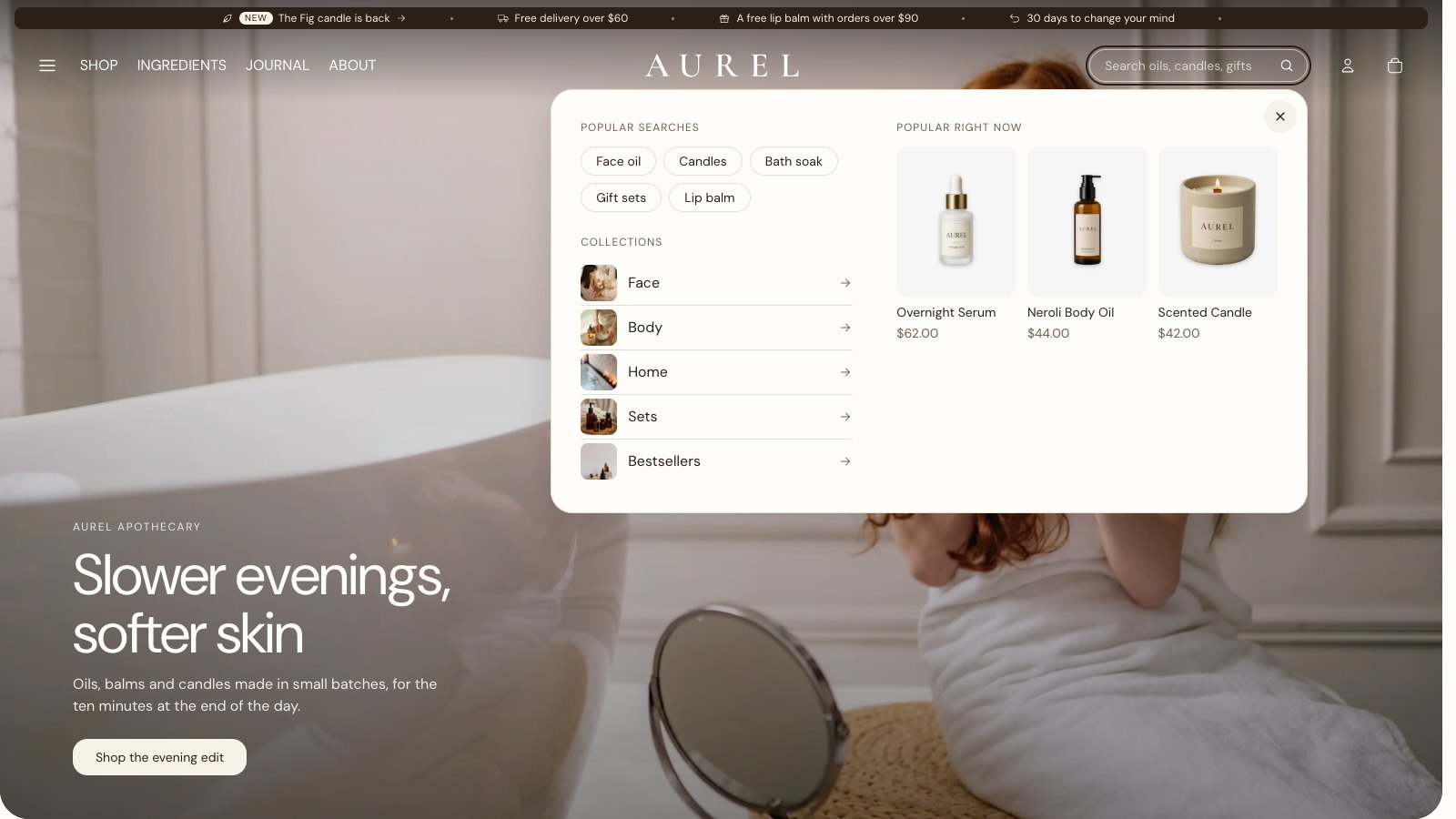 The search panel on Aurel before typing: popular searches, a collections list and recommended products, with a close button