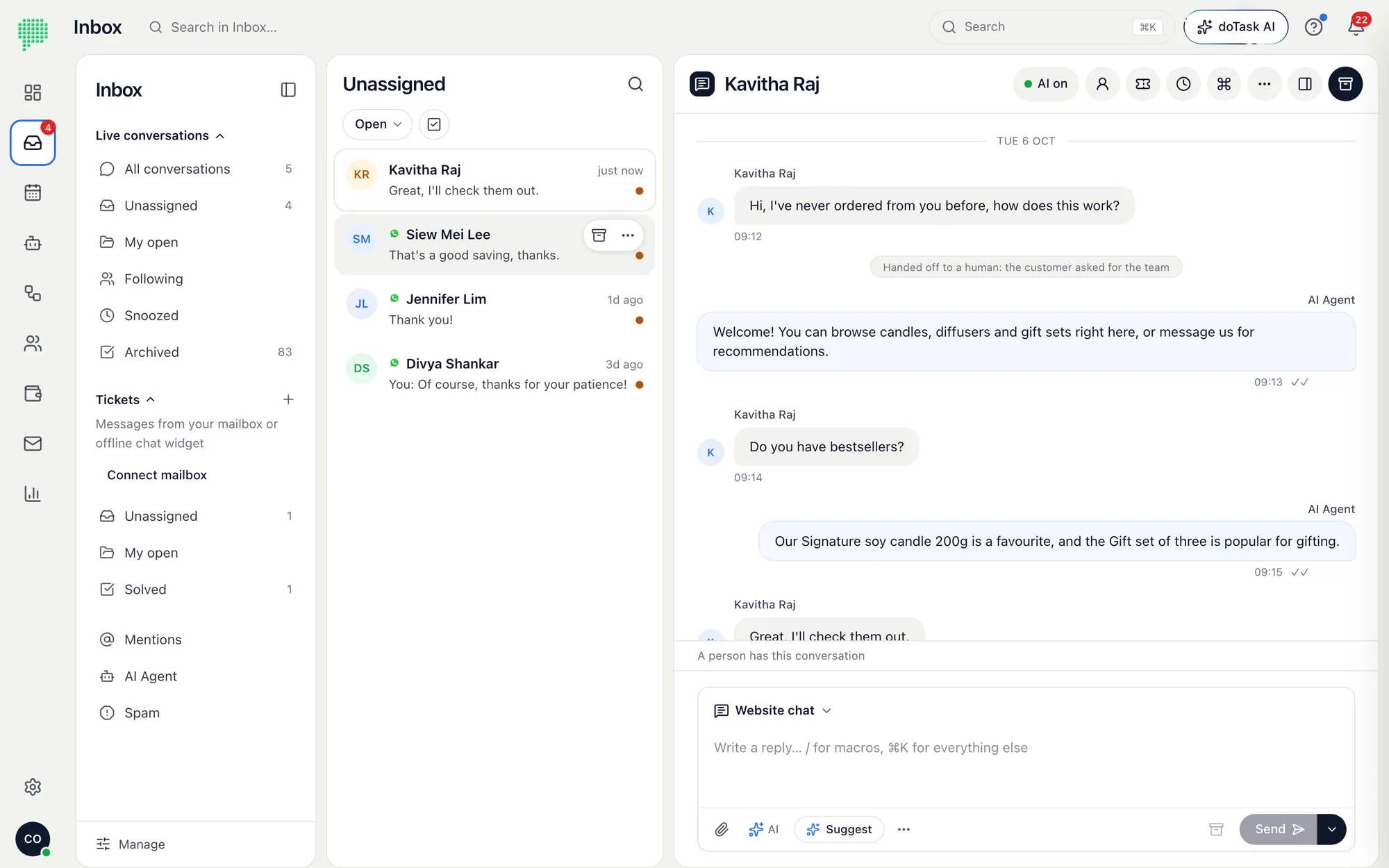 The doTask inbox: a WhatsApp conversation with the customer's health note, the AI Agent's answer and a suggested reply